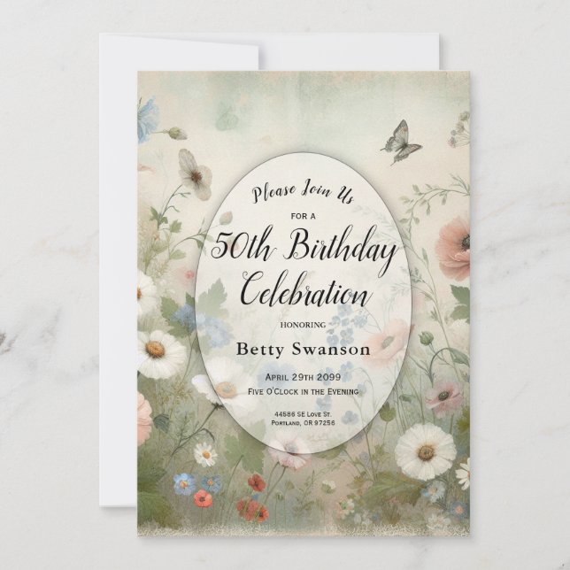 Invitation Boho Blooms et Vintages Blossoms fête d'anniversai (Devant)