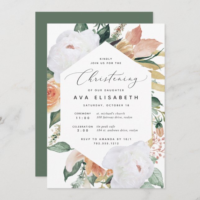 Invitation Boho Blooms | Moderne Floral Christening (Devant / Derrière)