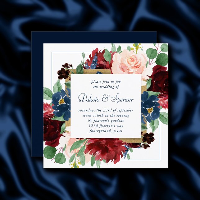 Invitation Boho Blooms | Russe Navy Blue et Burgundy Wreath (Créateur téléchargé)