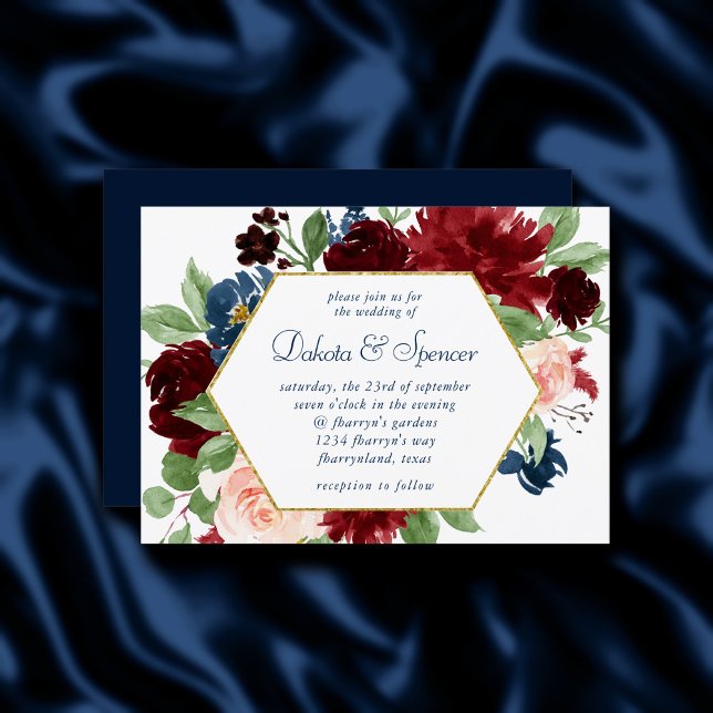 Invitation Boho Blooms | Russe Navy Blue et Burgundy Wreath (Créateur téléchargé)
