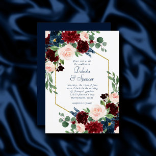 Invitation Boho Blooms Rustic Navy et Bourgogne Red Frame