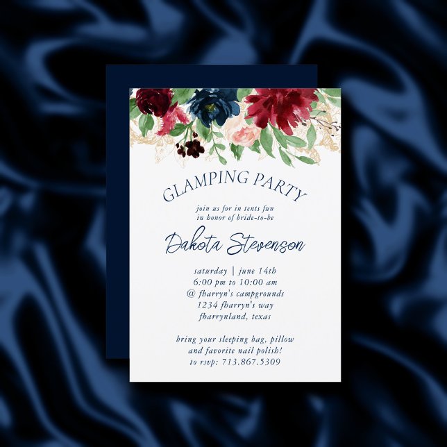 Invitation Boho Blooms | Rustic Navy et Burgundy Glamping (Créateur téléchargé)