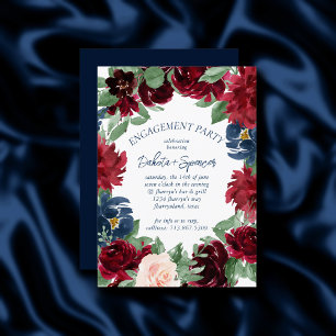 Invitation Boho Blooms Rustic Navy et Fiançailles bourguign