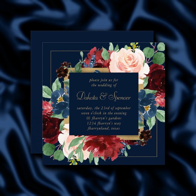 Invitation Boho Blooms | Sombre marine bleu et couronne borde (Créateur téléchargé)