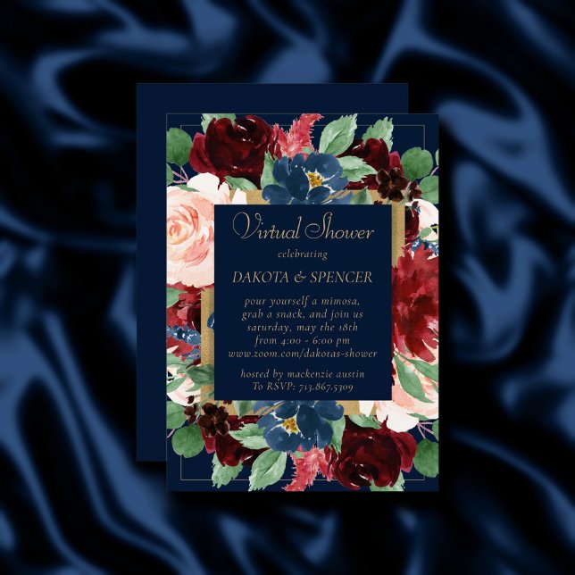 Invitation Boho Blooms | Sombre marine bleu et couronne borde (Créateur téléchargé)