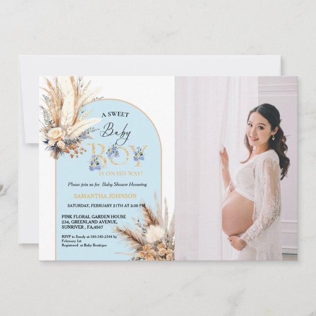Invitation Boho Blue Arch Pampas Grass Baby Baby shower (Devant)