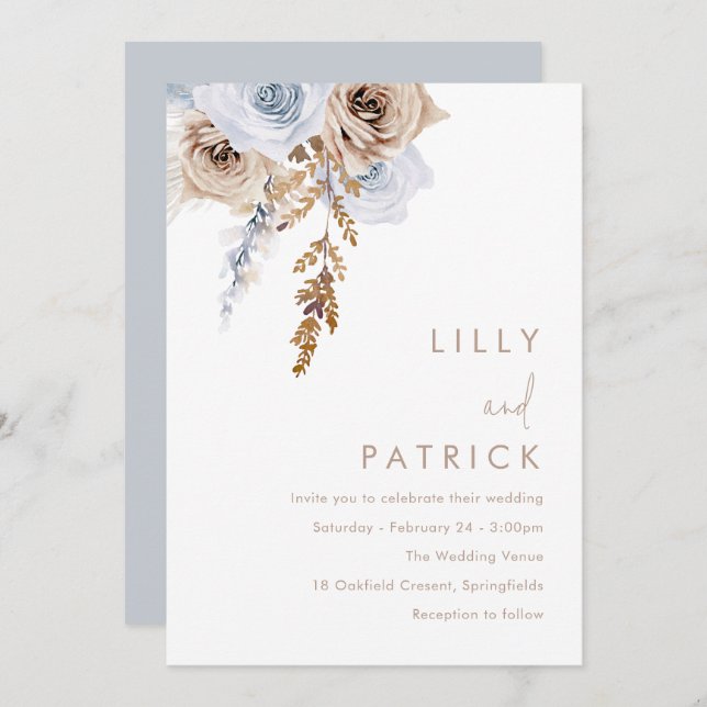 Invitation Boho Blue & Beige Fleurs Mariage moderne (Devant / Derrière)