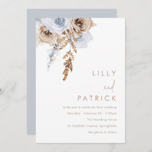 Invitation Boho Blue & Beige Fleurs Mariage moderne