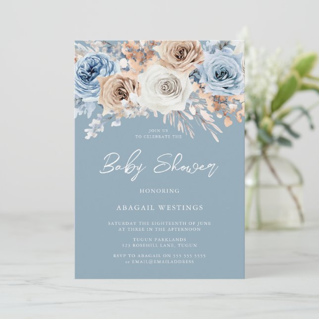 Invitation Boho Blue Bohemian Floral Boys Baby shower (Debout devant)