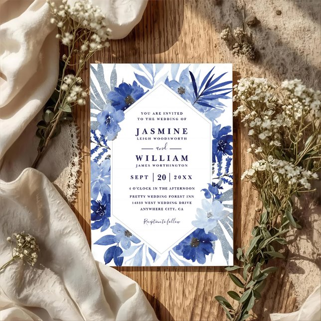 Invitation Boho Blue Bouquet Floral Elegant QR Code Wedding (Créateur téléchargé)