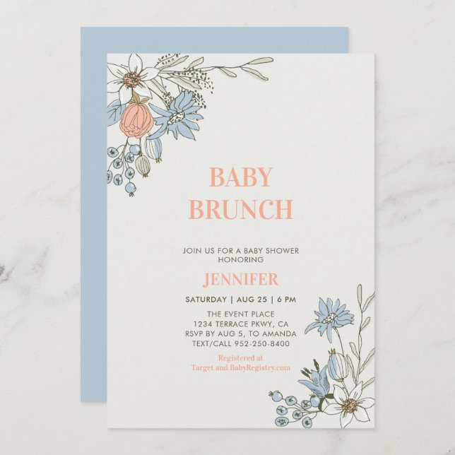 Invitation Boho Blue & Coral Floral Baby Brunch Douche (Devant / Derrière)