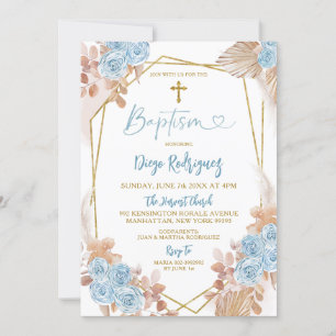 Invitation Boho Blue et Gold Floral Baptism