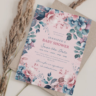 Invitation Boho Blue Floral Baby shower Enregistrer Date Blus