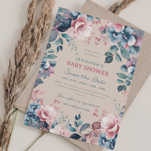 Invitation Boho Blue Floral Baby shower Sauvez la date Champa