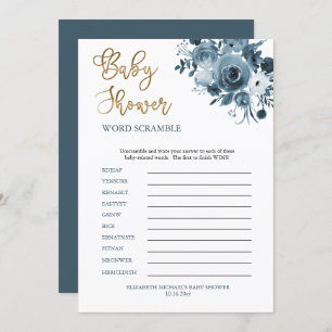 Invitation Boho Blue Floral Boy Baby shower Word Scramble