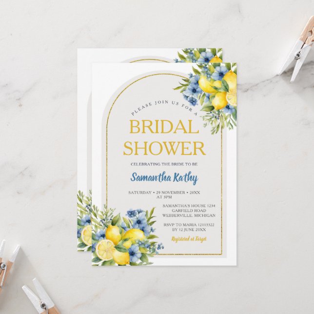 Invitation Boho Blue Floral Citrus Lemonade Fête des mariées (Devant/Arrière en situation)