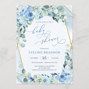 Invitation Boho Blue Floral or Baby shower géométrique Boy