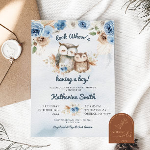 Invitation Boho Blue Floral Owl Baby shower
