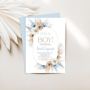 Invitation Boho Blue Floral Pampas Grass Baby shower Garçon
