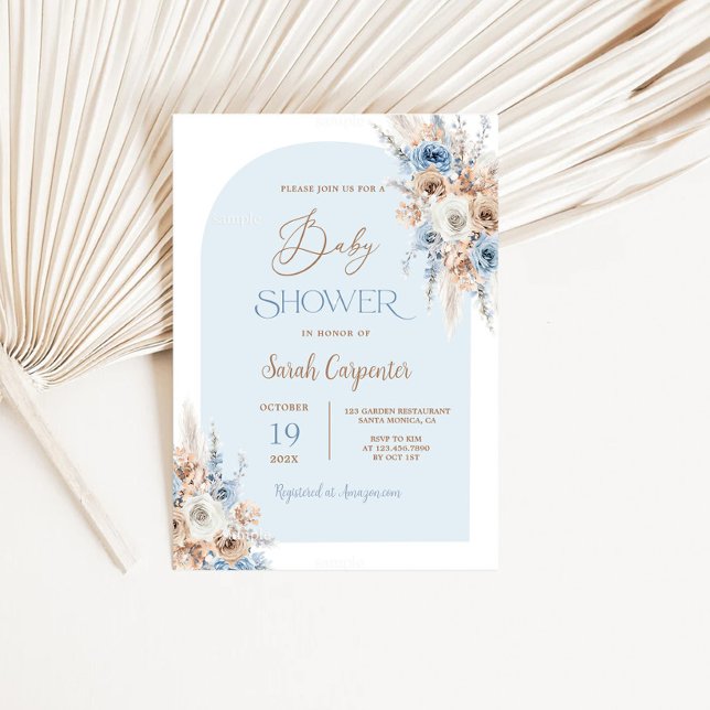 Invitation Boho Blue Floral Pampas Grass Baby shower Garçon (Créateur téléchargé)