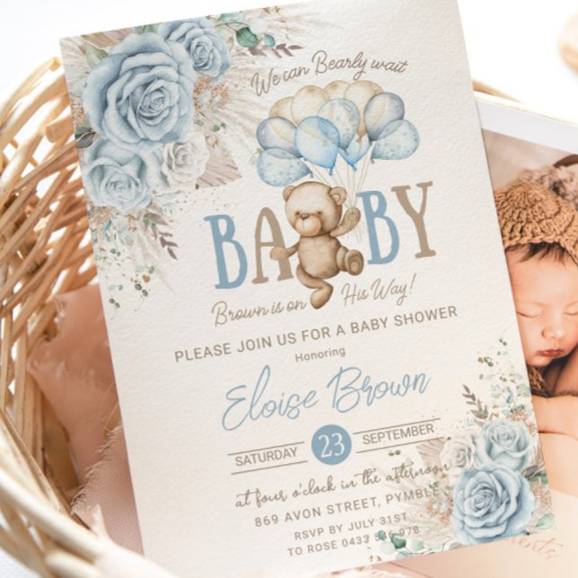Invitation Boho Blue Floral Pampas Teddy Bear Boy Baby shower (Créateur téléchargé)