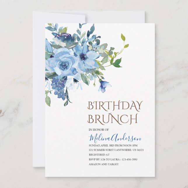 Invitation Boho Blue Flowers aquarelle brunch d'anniversaire (Devant)