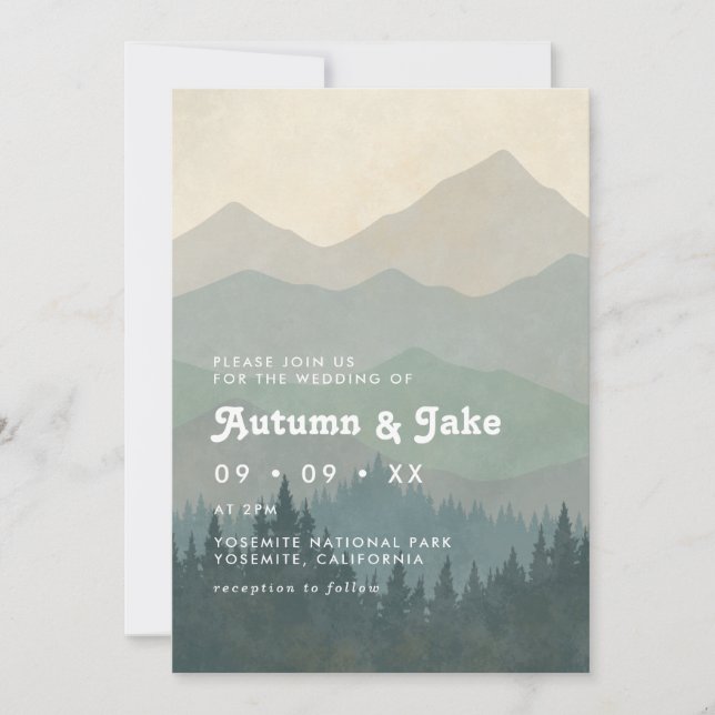 Invitation Boho Blue Forest Mountains Retro Wedding  (Devant)