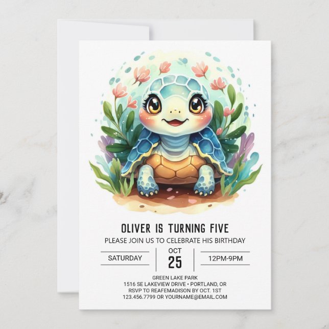 Invitation Boho Blue Fun Turtle Boy Anniversaire (Devant)