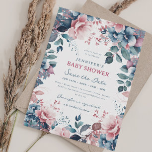 Invitation Boho Blue Garden Floral Baby shower Enregistrer Da
