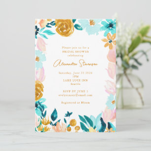 Invitation Boho Blue Gold Floral Frame Bordure Fête des marié