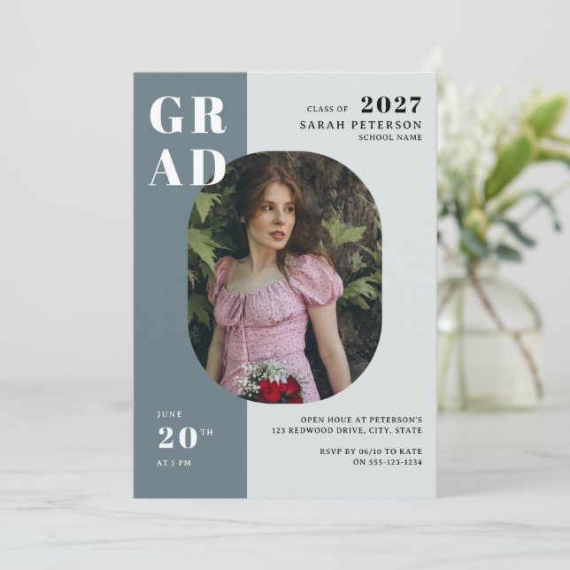 Invitation Boho Blue Grey Bold Typographie Photo Graduation (Debout devant)