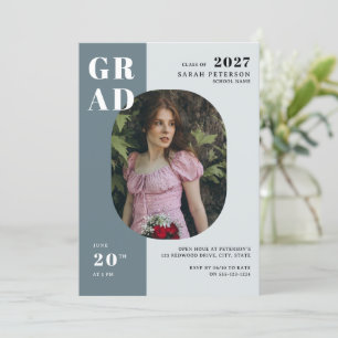 Invitation Boho Blue Grey Bold Typographie Photo Graduation