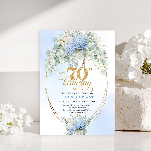 Invitation Boho Blue Hydrangeas Eucalyptus Gold 70th Birthday (Boho Blue Hydrangeas Eucalyptus 70th Birthday Invite

)