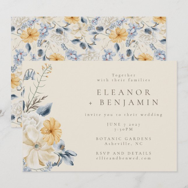 Invitation Boho Blue Jellow Floral Aquarelle Motif Mariage (Devant / Derrière)
