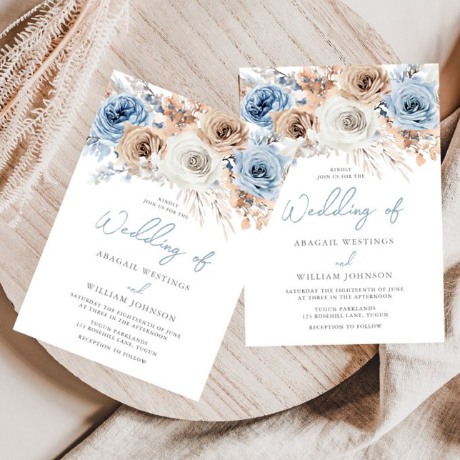 Invitation Boho Blue : Mariage Floral Bohème Bleu Poussiéreux (Créateur téléchargé)