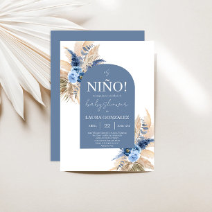 Invitation Boho Blue Pampas Baby shower espagnol Garçon