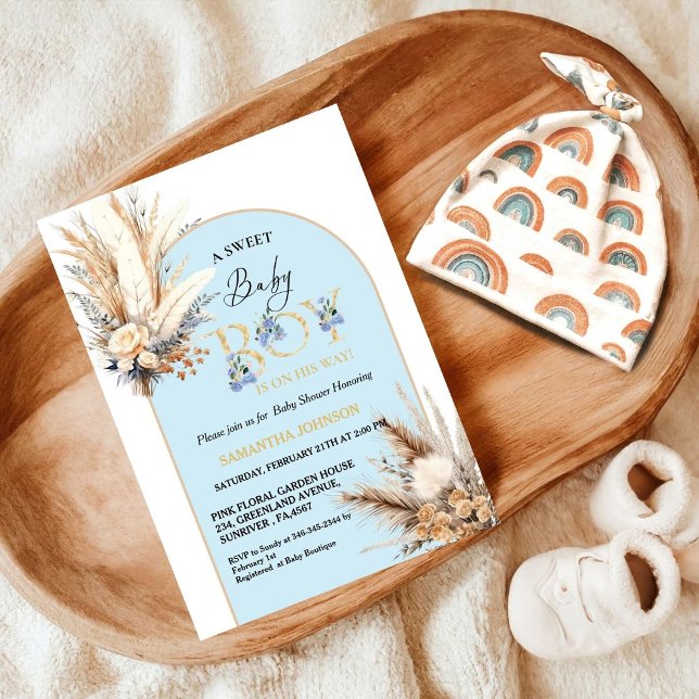 Invitation Boho Blue Pampas Grass Desert Baby Boy Baby shower (Créateur téléchargé)