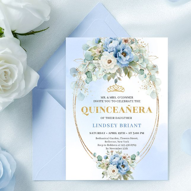 Invitation Boho Blue Peonies Eucalyptus Quinceañera Download (Boho Blue Peonies Eucalyptus Quinceañera Download)