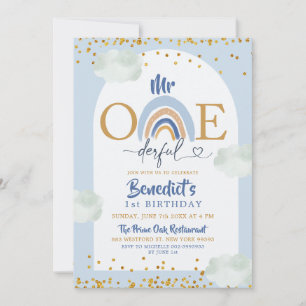 Invitation Boho Blue Rainbow Anniversaire du garçon Onederful