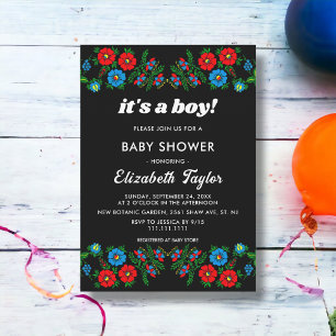 Invitation Boho Blue Red Roses Black Floral Boy Baby shower