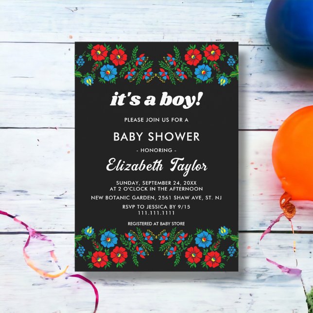 Invitation Boho Blue Red Roses Black Floral Boy Baby shower (Créateur téléchargé)