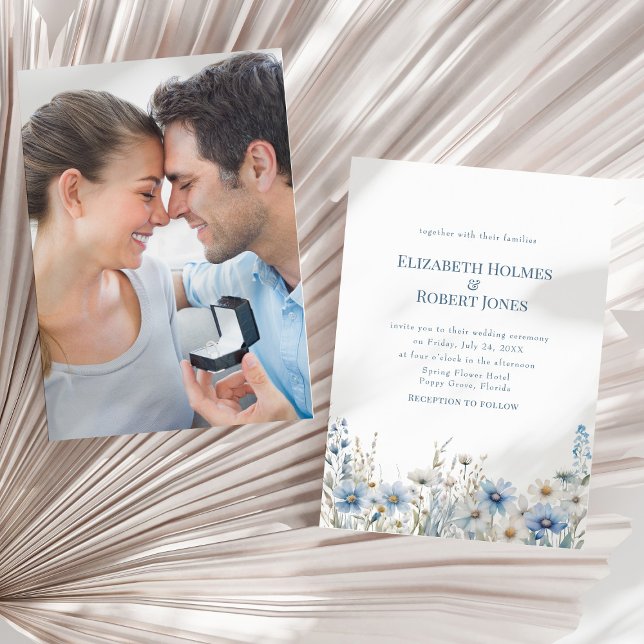 Invitation Boho Blue Watercolor Fleurs sauvages & Mariage pho (Boho Blue Watercolor Wildflowers & Photo Wedding Invitation on a sunny neutral dry palm leaf.)