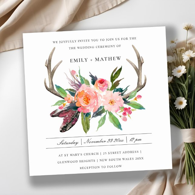 INVITATION BOHO BLUSH ANTLER FLORAL FEATHER MARIAGE CAMPAGNAR (Créateur téléchargé)