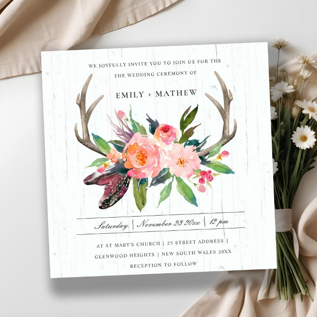 INVITATION BOHO BLUSH ANTLER MARIAGE CAMPAGNARD FLORAL EN BOI (Créateur téléchargé)