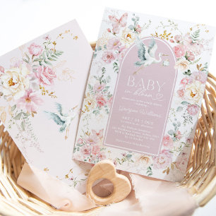Invitation Boho Blush Baby in Bloom Stork Fleur sauvage douch