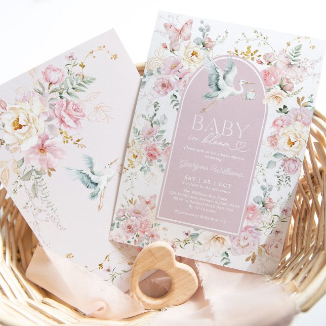 Invitation Boho Blush Baby in Bloom Stork Fleur sauvage douch (Créateur téléchargé)