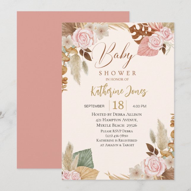 Invitation Boho Blush Baby shower à eucalyptus floral (Devant / Derrière)