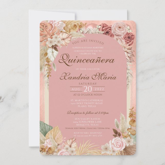 Invitation Boho Blush Beige séché Rose Floral Quinceanera (Devant)