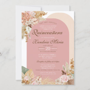 Invitation Boho Blush Beige séché Rose Floral Quinceanera