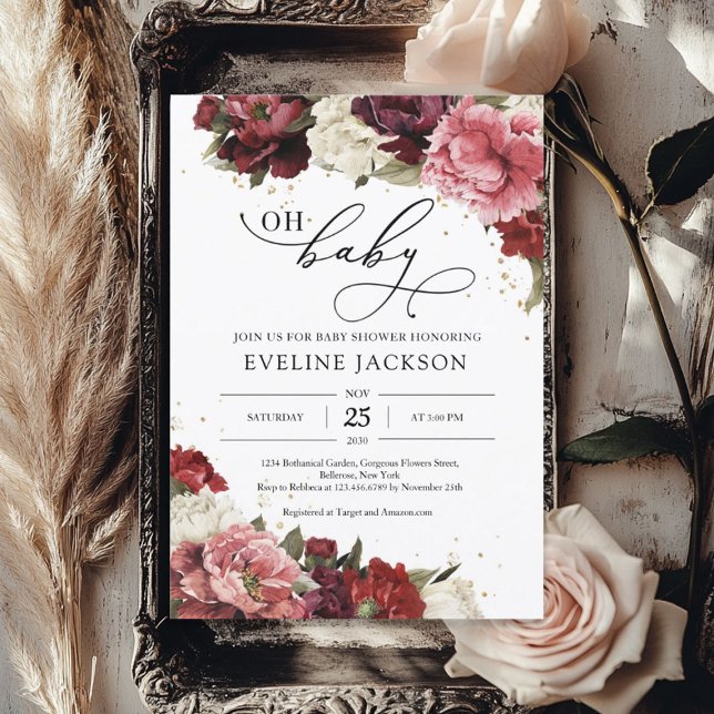 Invitation Boho Blush bordeaux fleurs mauve péconies or (Boho Blush burgundy mauve flowers peonies gold Invitation)